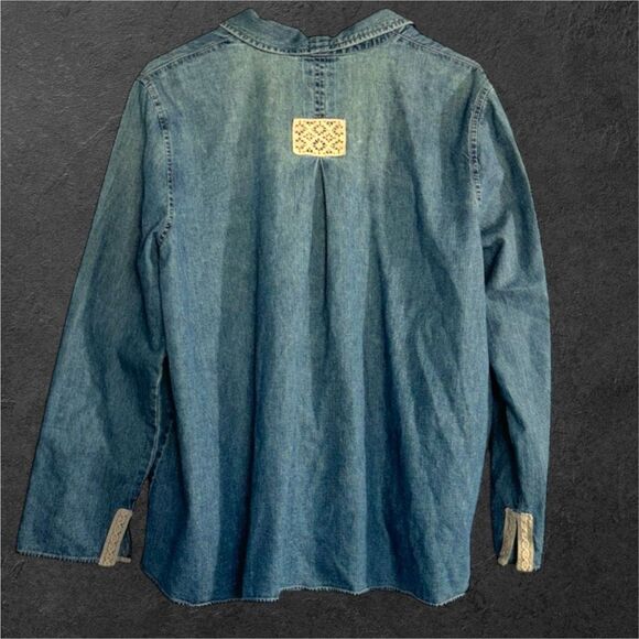 J. Jill 100% cotton crochet patchwork button front lace top sz L boho denim cott - Picture 4 of 7